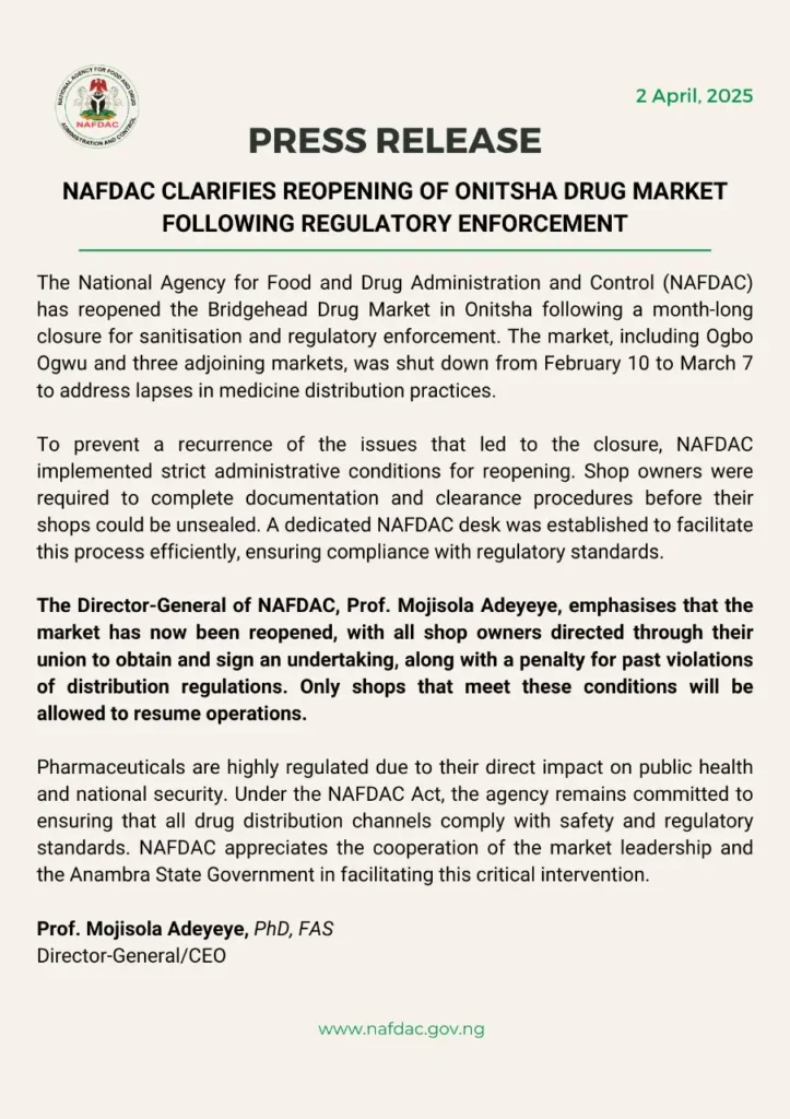NAFDAC Clarifies Reopening of Onitsha